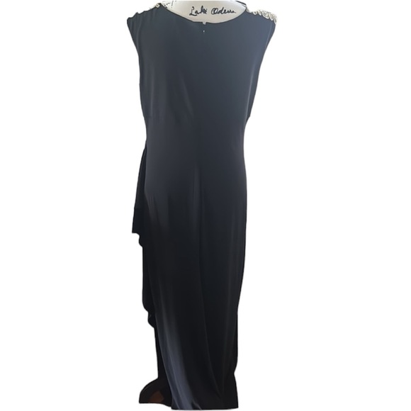 SLNY Black Gold Sleeveless Illusion Gown Front Slit Formal Dress - Picture 6 of 7